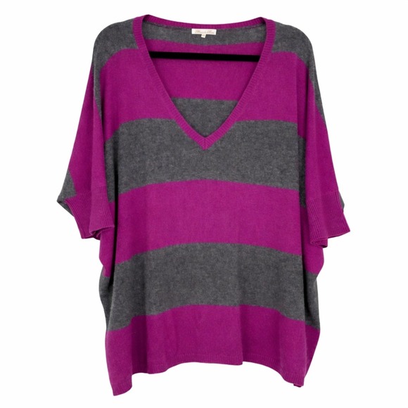 Minnie Rose Sweaters - Minnie Rose Cashmere Gray Purple Striped V-Neck Short Sleeve Sweater Luxury XS/S